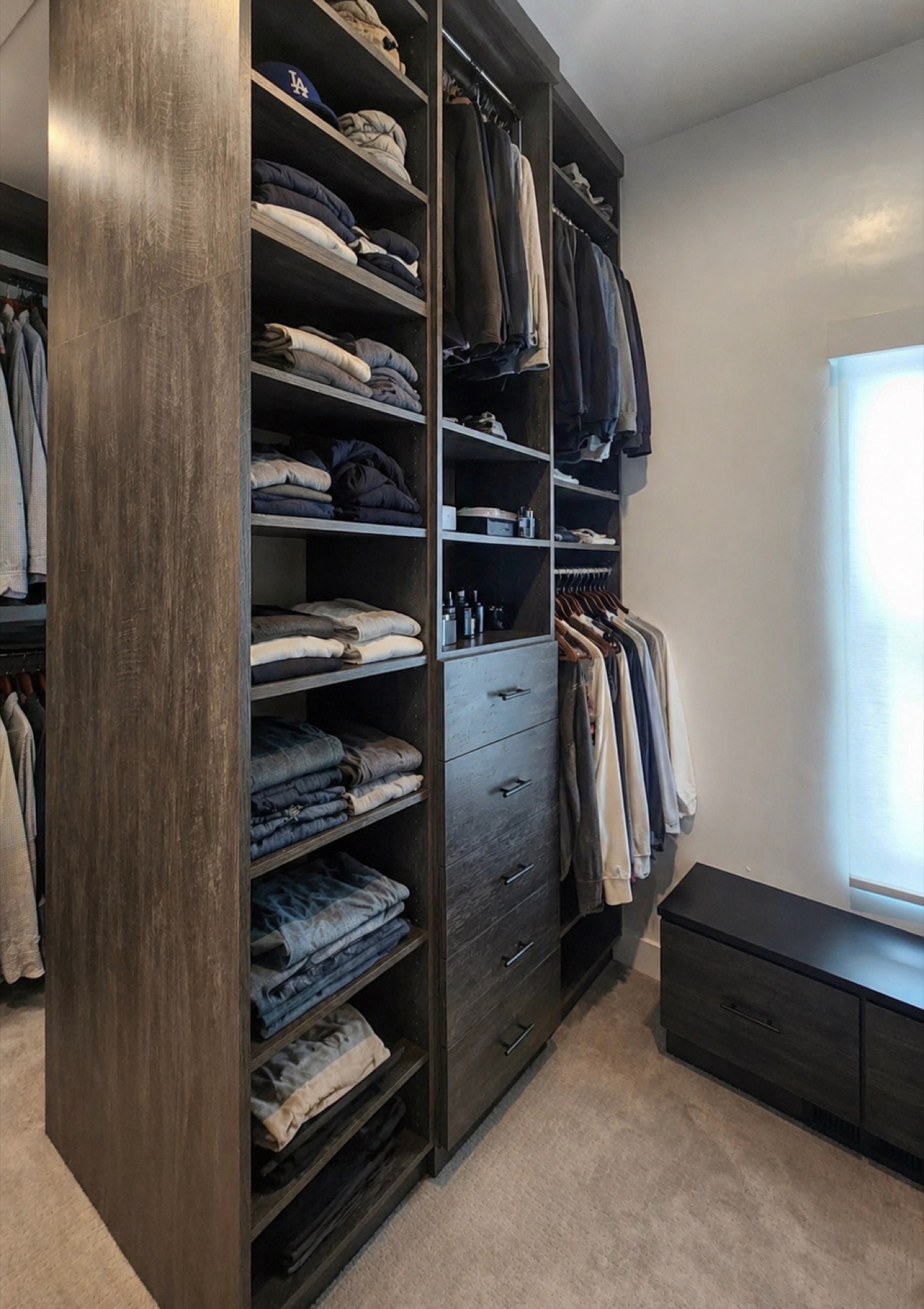Dark wood walk-in closet with folded clothing and natural light