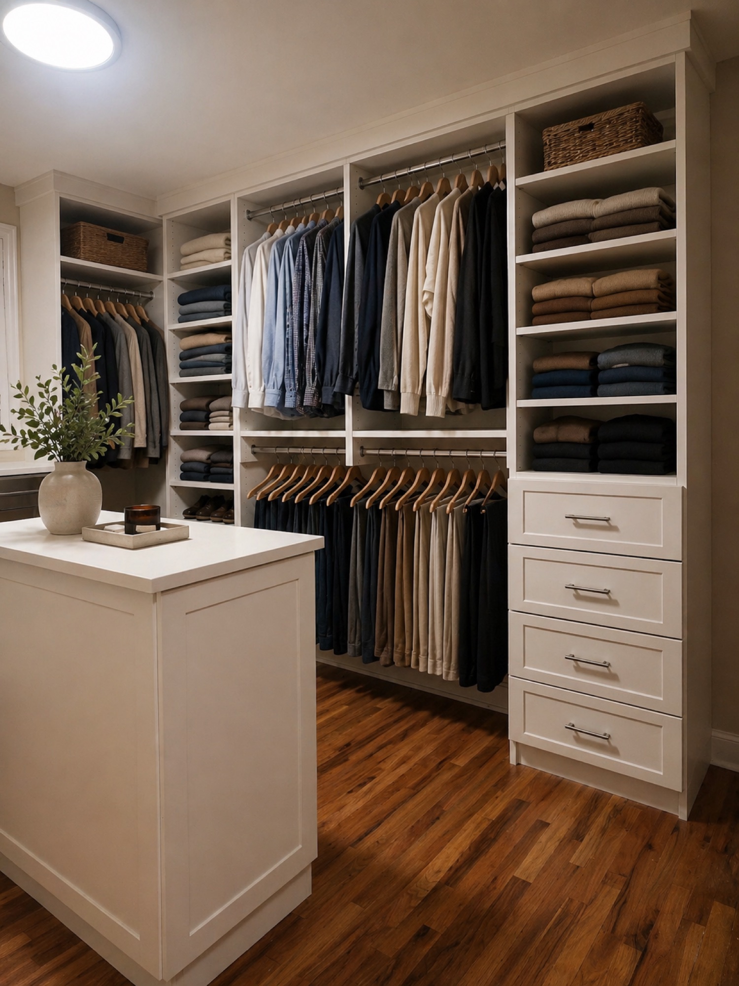 Dark wood reach-in closet with shoe shelving and bench seat