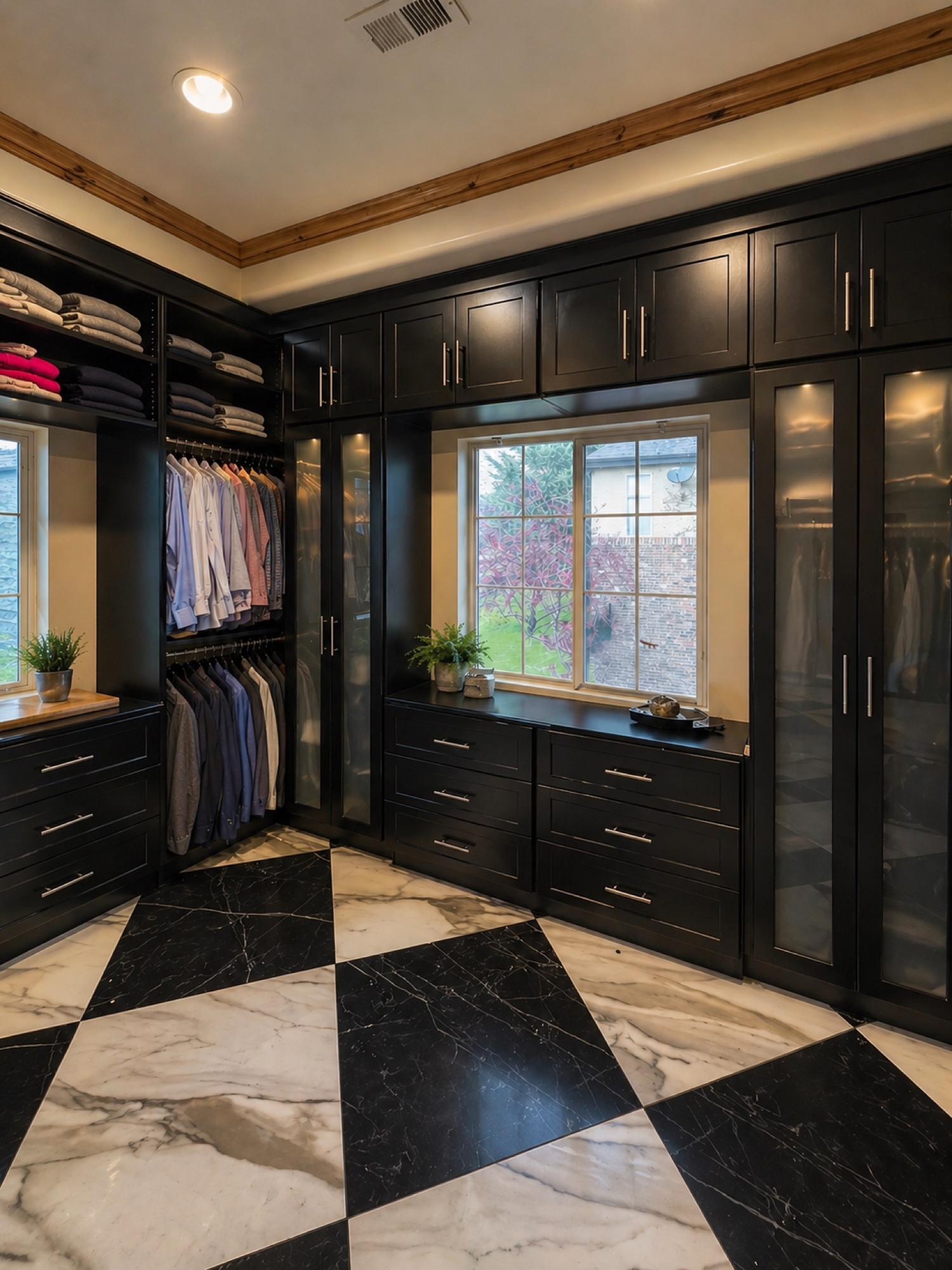 Custom walk-in closet with dark woodgrain cabinetry and marble floor by Smart Space Design