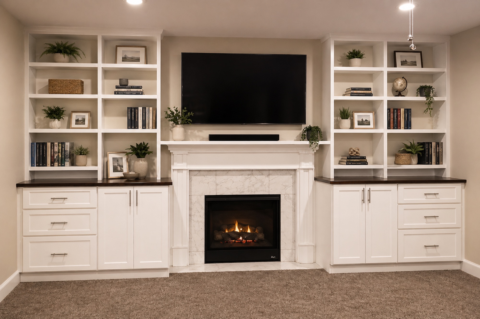 Holladay built-in wall unit with lit fireplace, mounted TV, and styled shelving