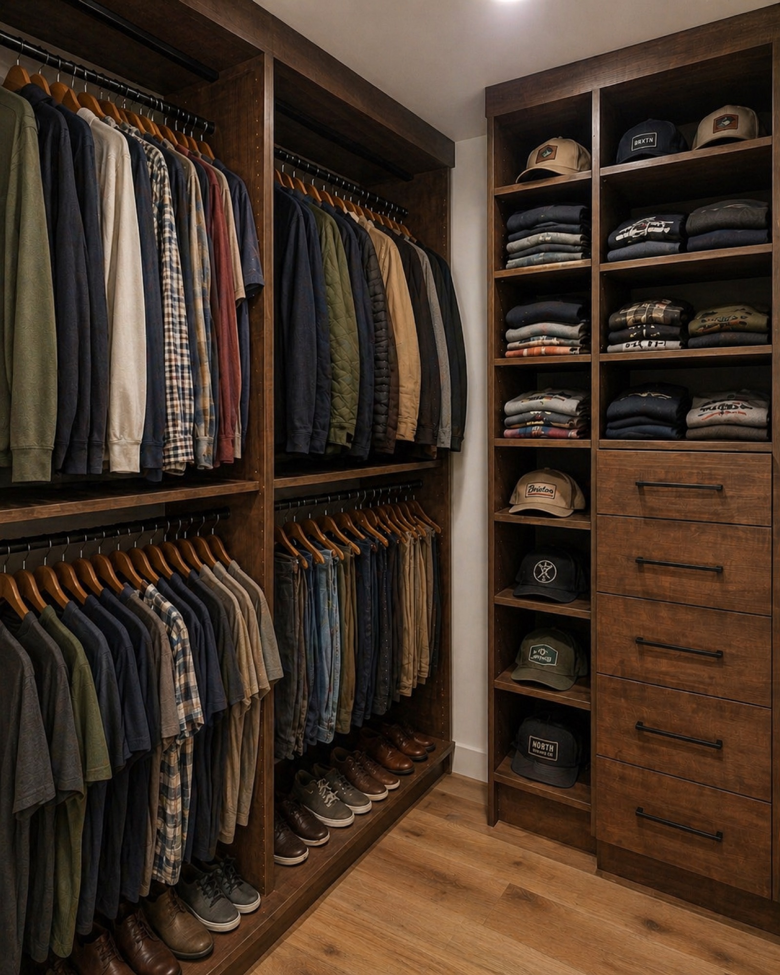 Custom dark walnut walk-in closet with layered hanging, integrated shoe shelving, and drawer storage