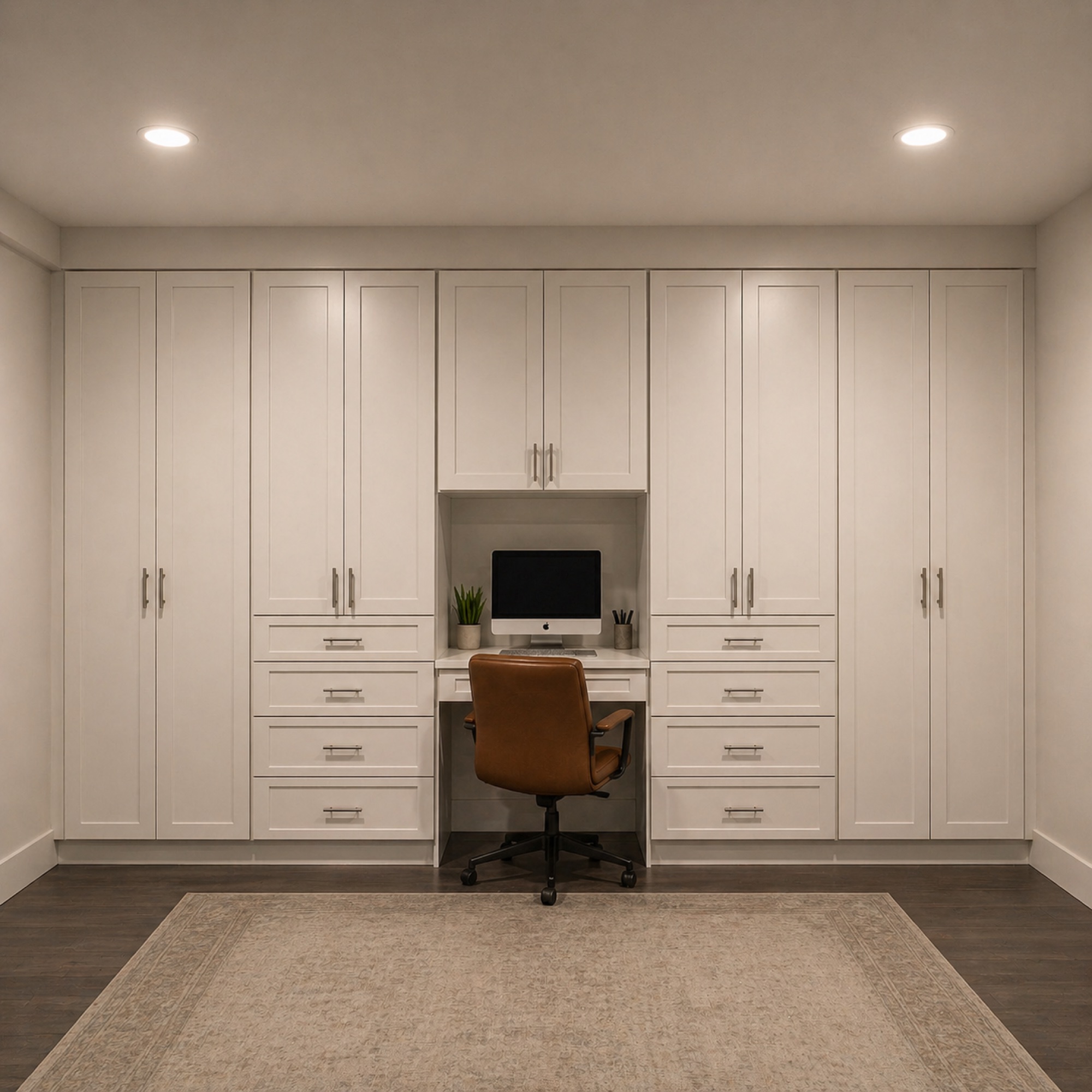 Floor-to-ceiling white built-in cabinetry with integrated home office desk and storage