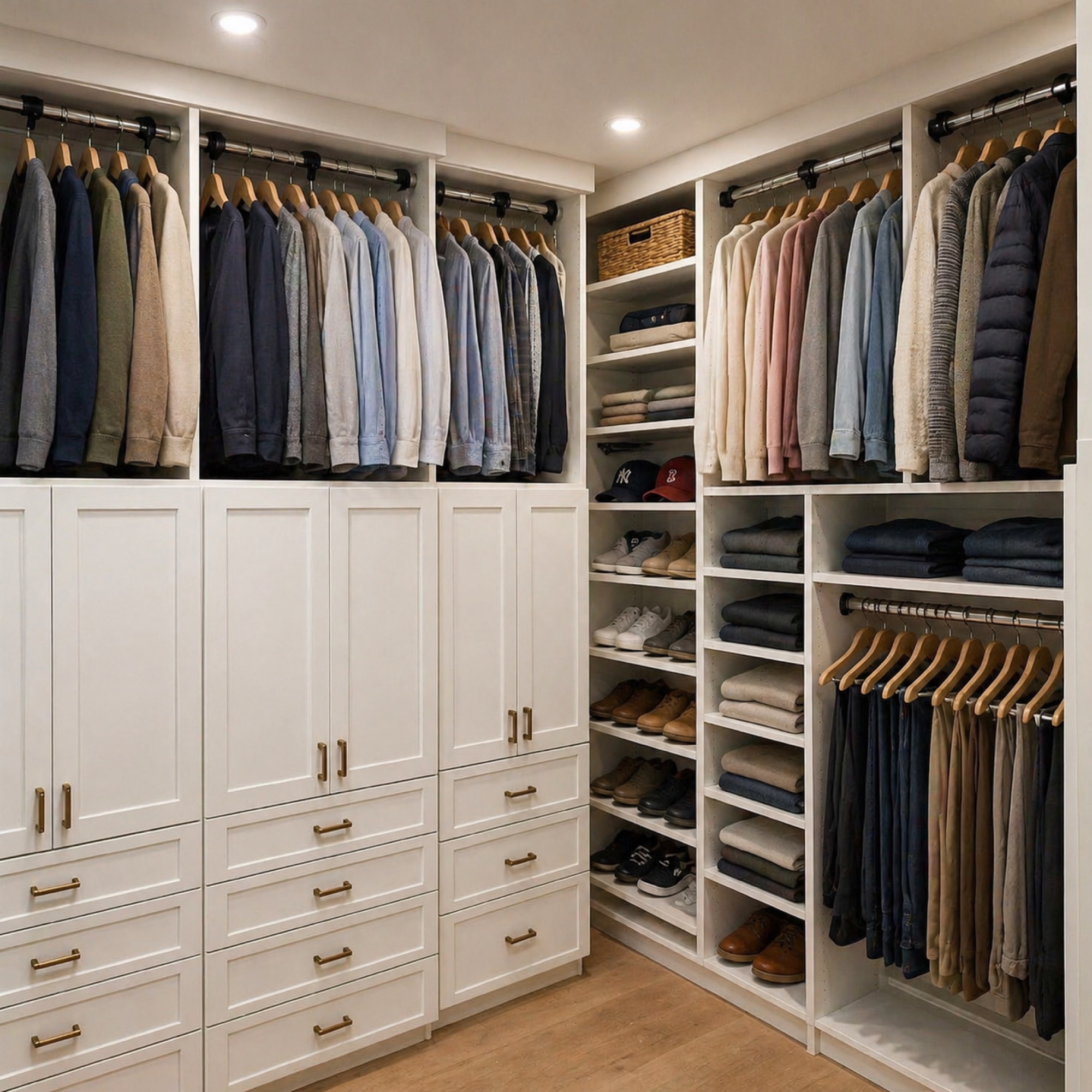 Cream walk-in closet with brass hardware and navy hangers