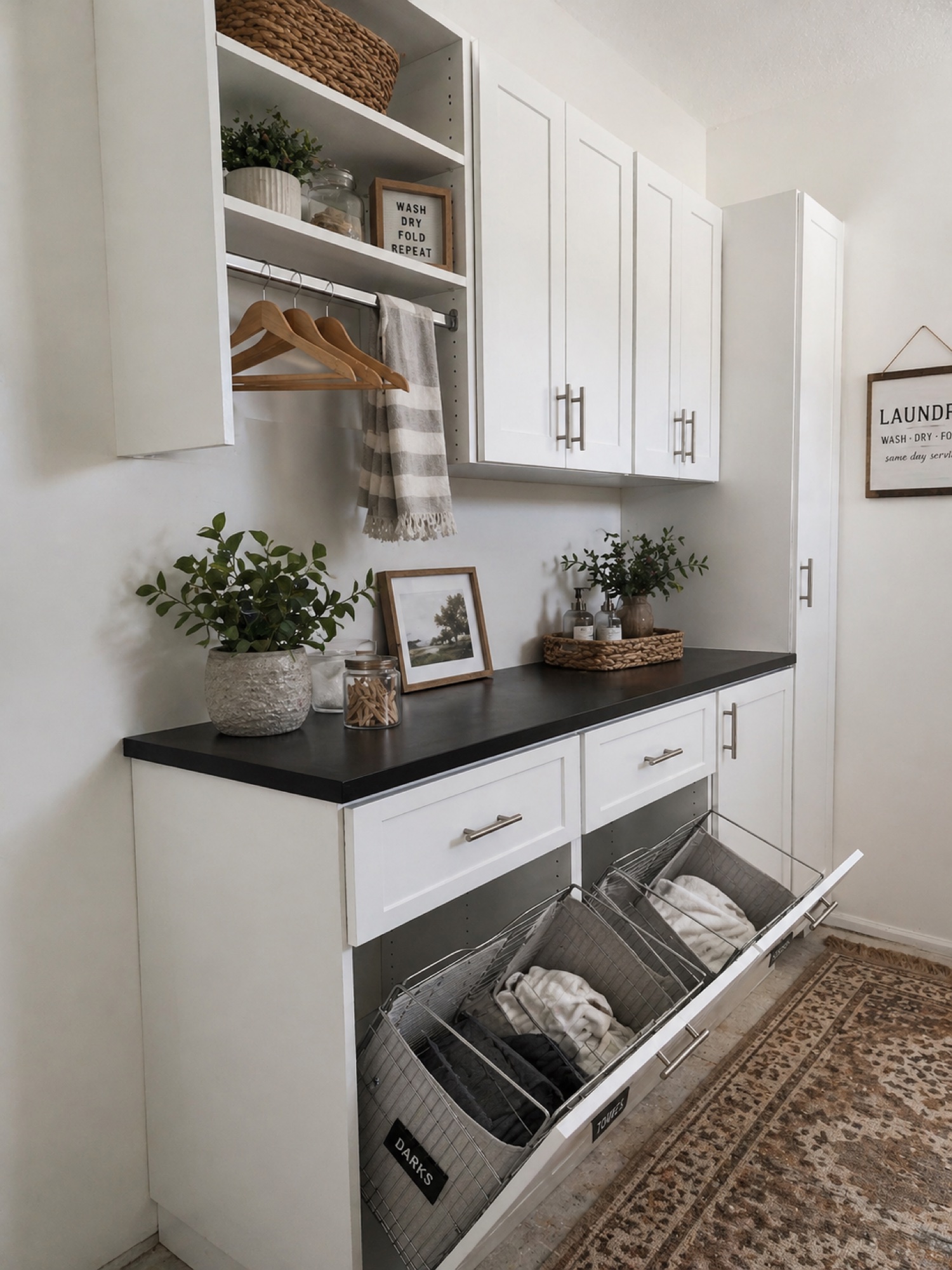 White laundry room with pull-out hampers, hooks, and folding station