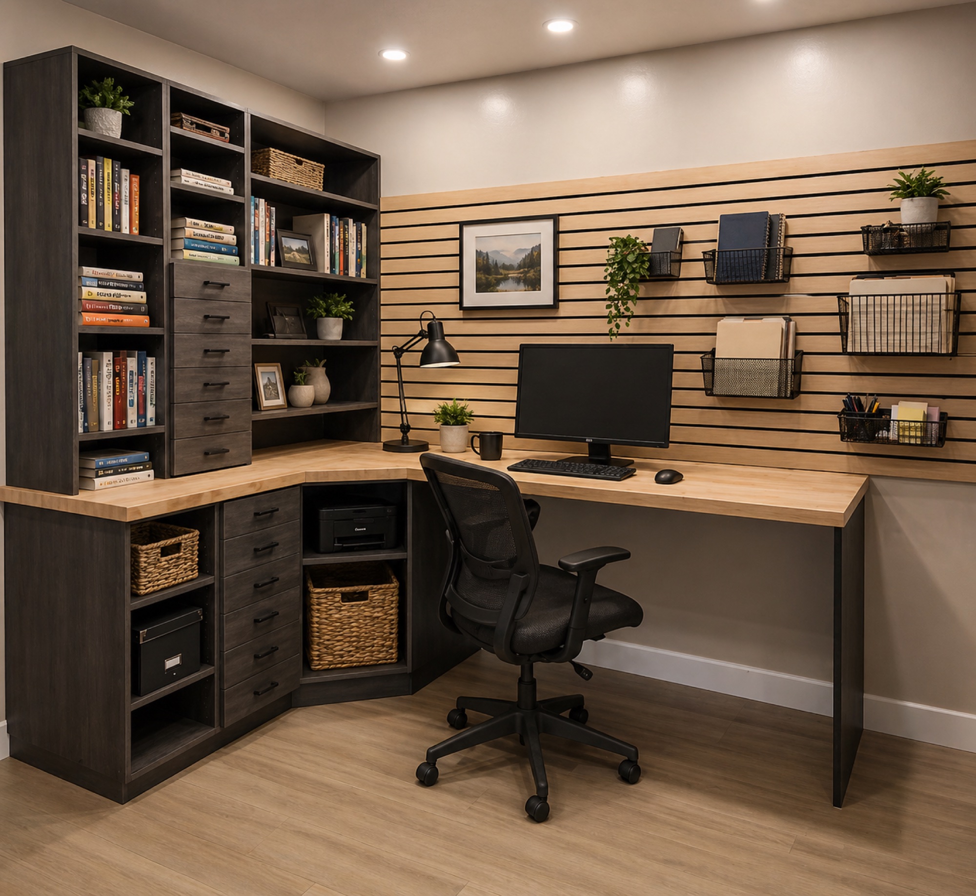 Built-in home office with slat wall, warm wood desktop, and floor-to-ceiling shelving