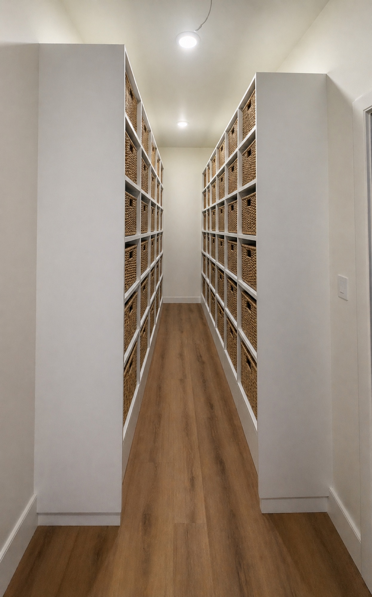 Walk-in pantry with floor-to-ceiling white shelving